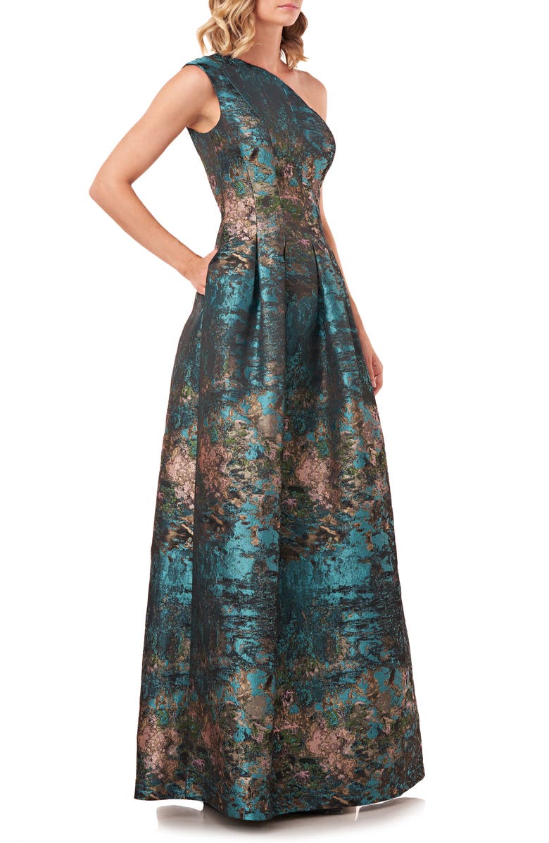 Kay Unger Cara Metallic Jacquard One-Shoulder Gown, Alternate, color,