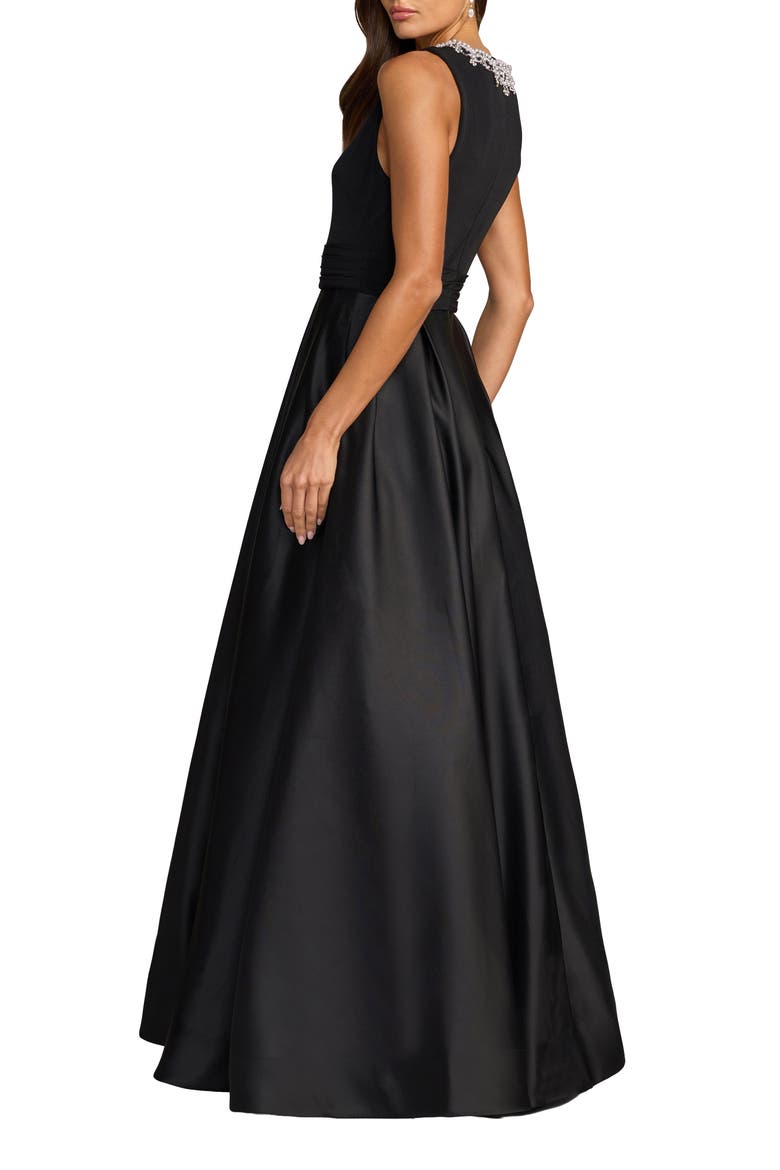 Petite Pearl-Embellished High-Neck Sleeveless A-Line Evening Gown, Alternate, color, Black