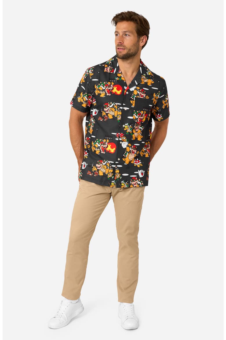 Bowser Mayhem Button Front Short Sleeve Shirt, Alternate, color, BLACK