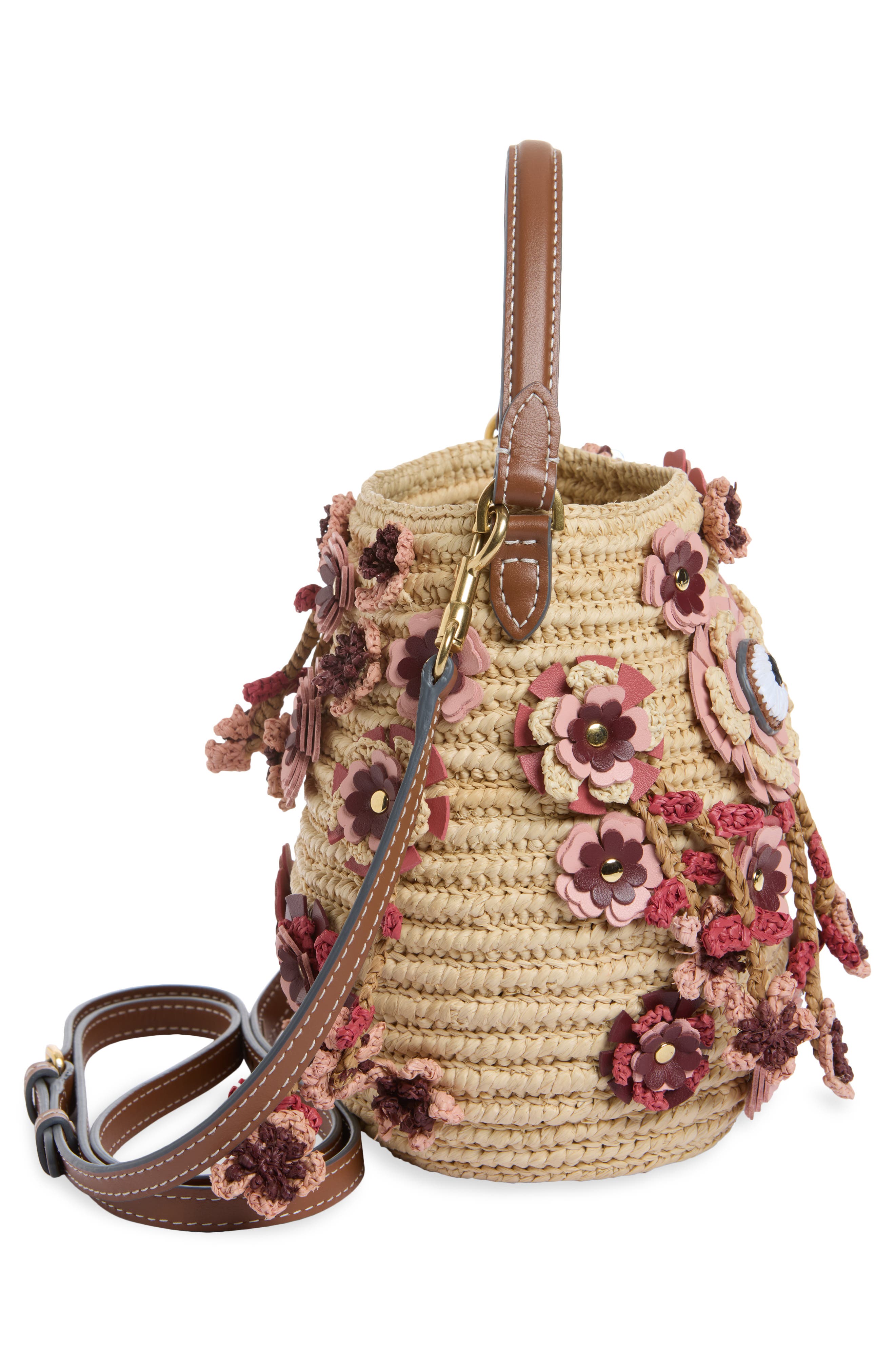 Blossom Creature Crochet Raffia Crossbody Bag, Alternate, color, NATURAL/ PINK