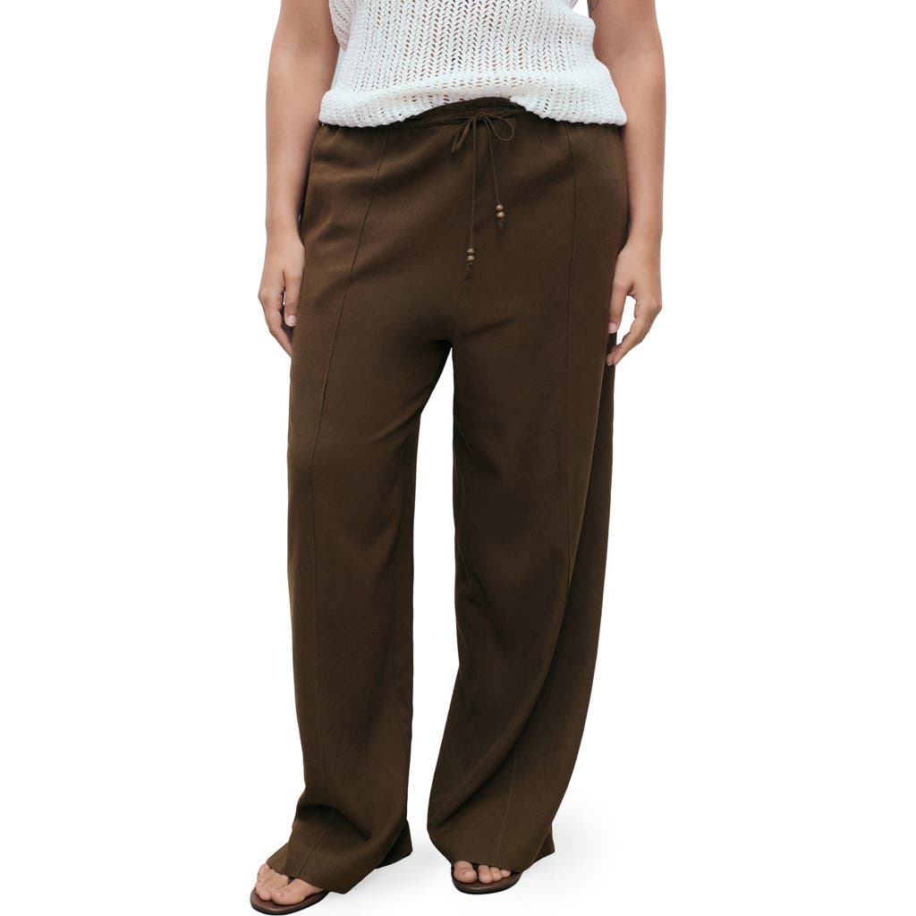 Mango Drawstring Waist Linen Blend Pants In Brown
