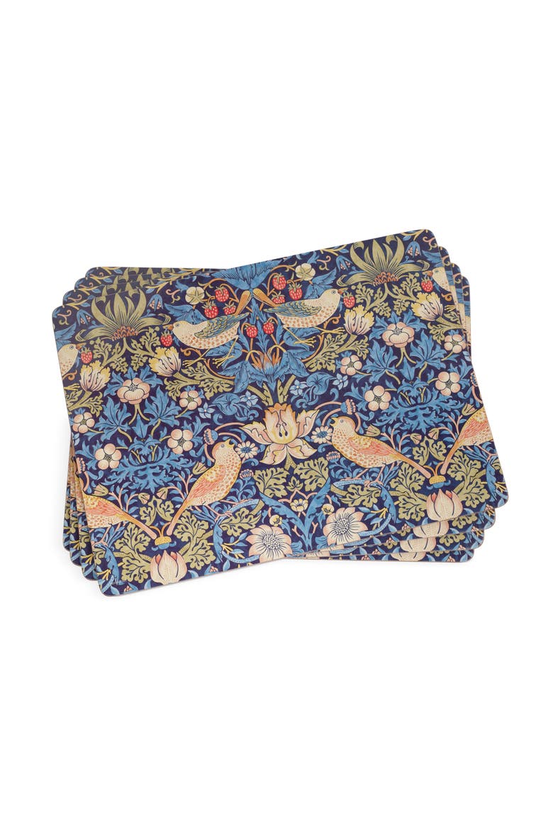 Strawberry Thief Blue Set of 4 Cork Back Placemats, Main, color, Strawberry Thief Blue