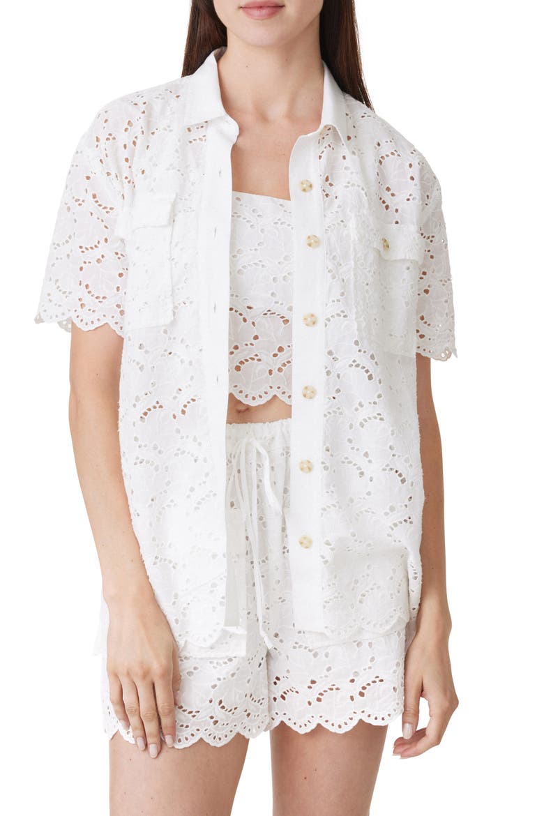Eyelet Short Sleeve Button-Up Shirt, Main, color, WHITE