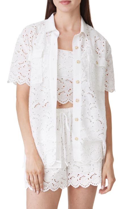 Eyelet Short Sleeve Button-Up Shirt