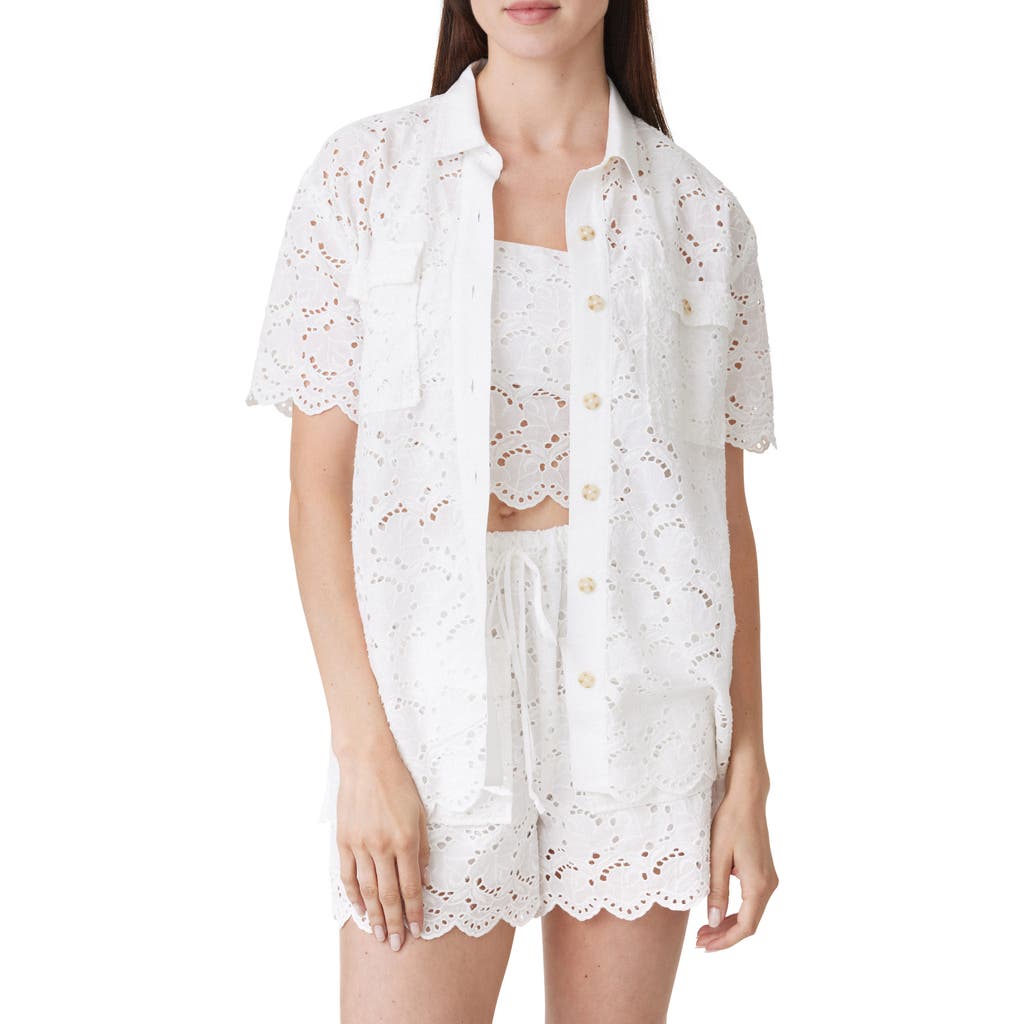 Habitual Eyelet Short Sleeve Button-up Shirt In White