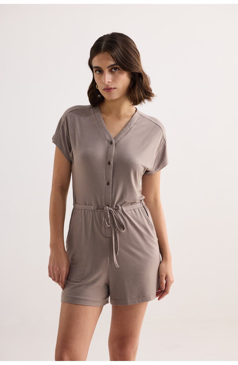 Reistor Regular Fit V-neck Drawstring Knit Romper, Alternate, color, Dusty Brown