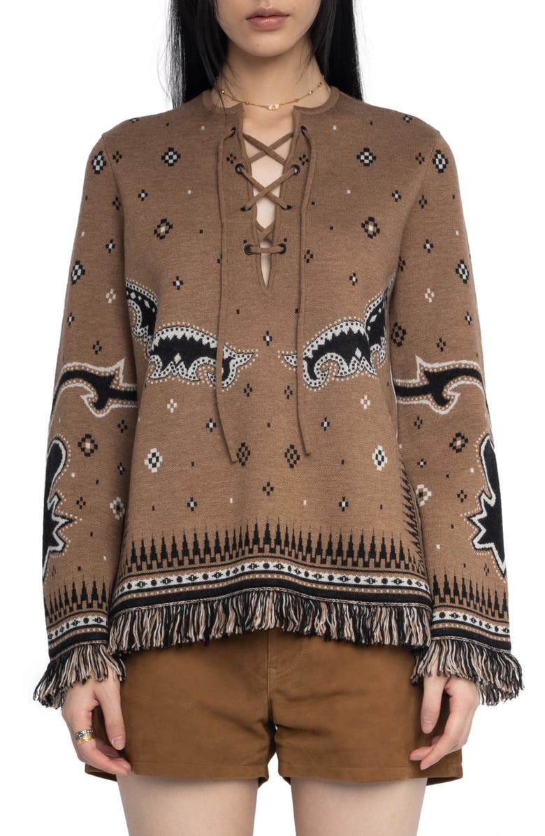 Zadig & Voltaire Leon Western Merino Wool Sweater, Main, color, Daim