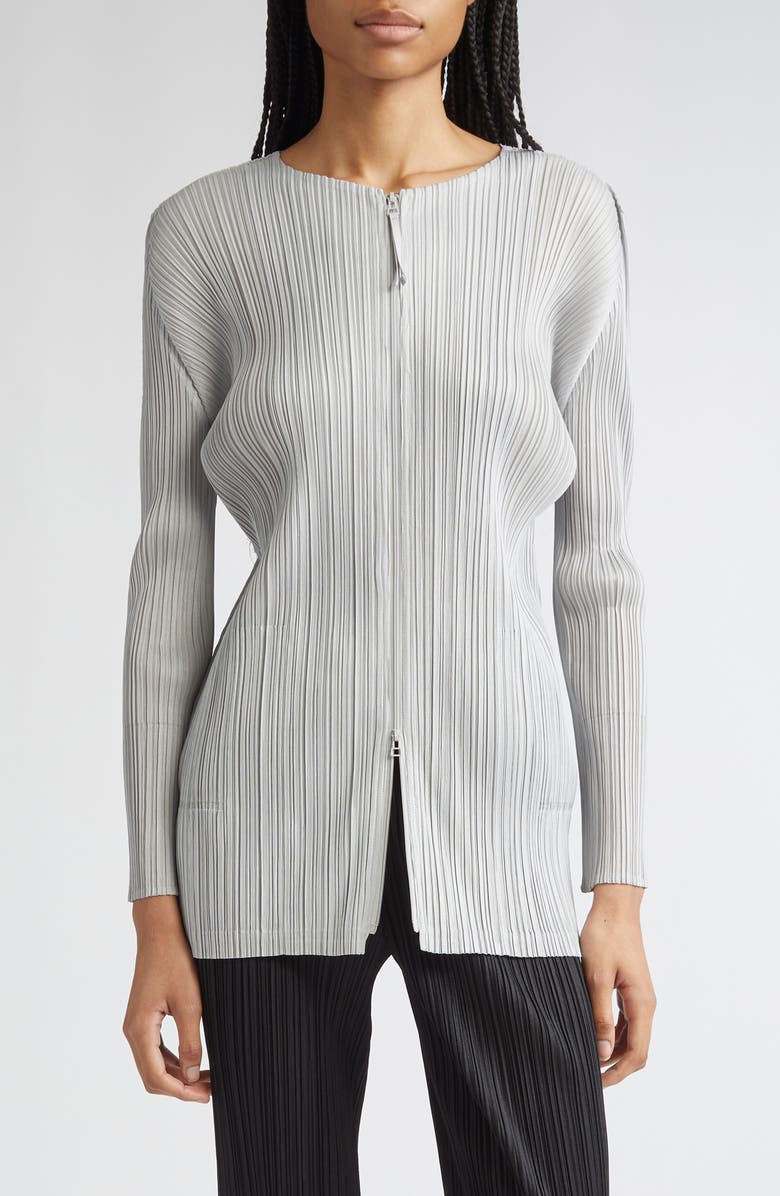 Pleats Please Issey Miyake Monthly Colors September Pleated Longline Zip Jacket, Main, color, Light Gray