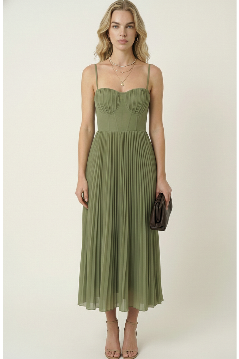 Pleated Bustier Bodice Midi Dress, Main, color, Sage Green