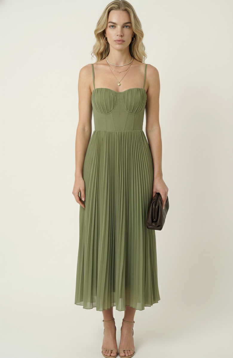 Modenaire Pleated Bustier Bodice Midi Dress, Main, color, Sage Green