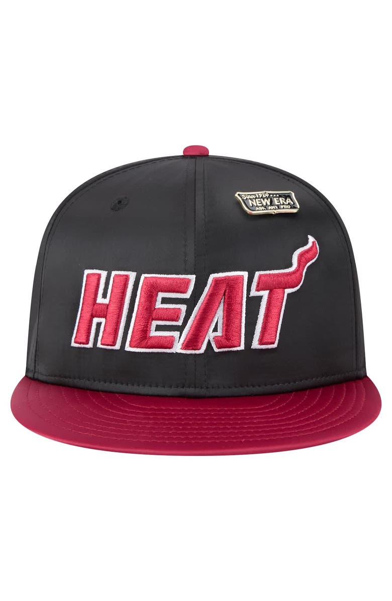 New Era Men's New Era  Black/Red Miami Heat Throwback Satin Vintage Pin Two-Tone 59FIFTY Fitted Hat, Alternate, color, Black