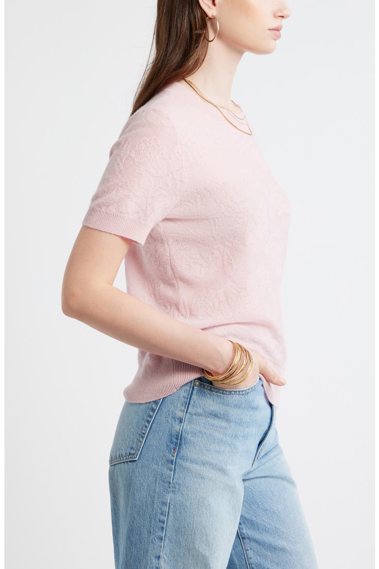 Floral Jacquard Short Sleeve Wool & Cashmere Sweater, Alternate, color, PINK TIMBER