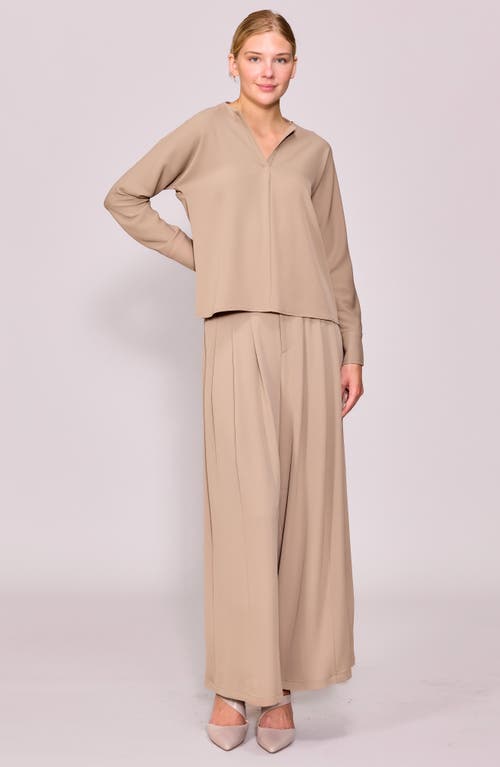 Melloday Crepe Split Front Top In Brown