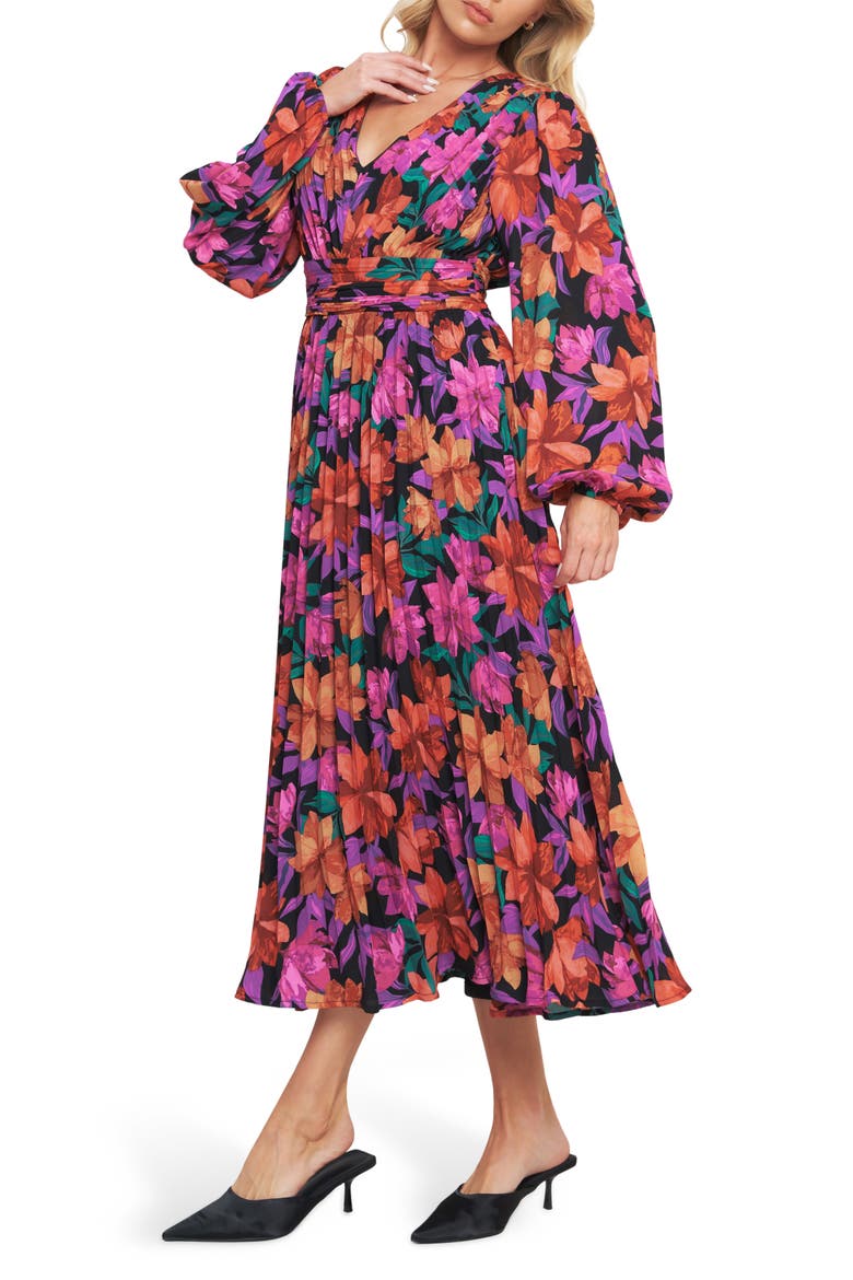 Floral Billowy Sleeve Midi Dress, Alternate, color, BLACK/ RED MULTI