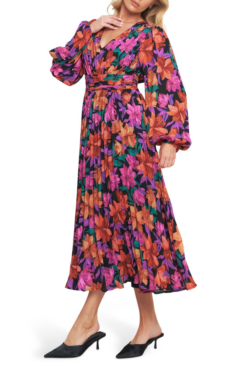 FLYING TOMATO Floral Billowy Sleeve Midi Dress, Alternate, color, Black/ Red Multi