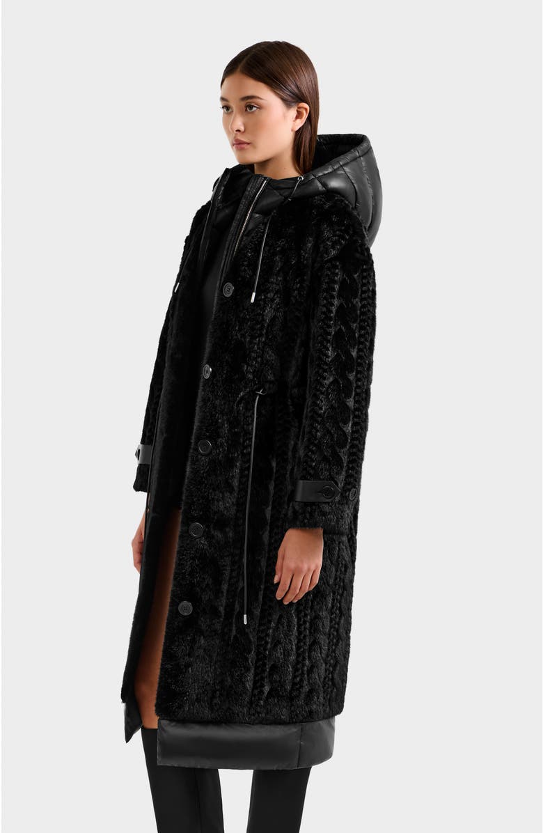 Rudsak Oriana Cable Pattern Faux Fur Coat with Removable Puffer Hood, Alternate, color, Black