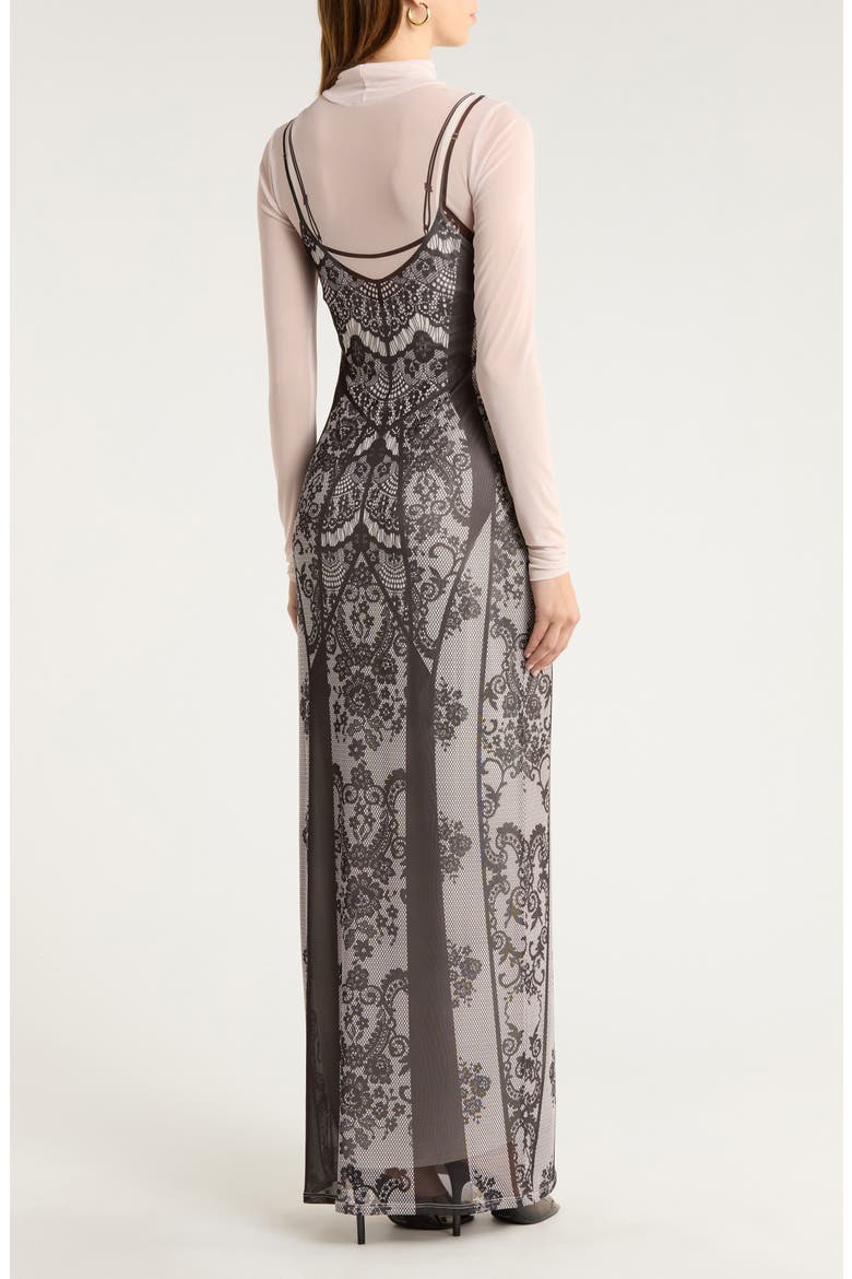 Billie Trompe l'Oeil Long Sleeve Mesh Maxi Dress, Alternate, color, CORSET SLIP