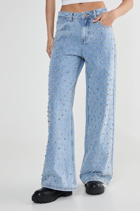 Studded Straight Leg Denim Jeans