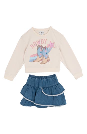 Tween Diva Kids' Western Sweatshirt & Ruffle Skirt Set In White