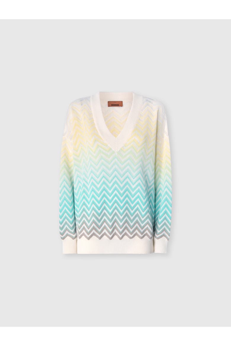 V-neck Pullover In Cotton And Viscose Chevron Dégradé, Alternate, color, Light Blue& Yellow
