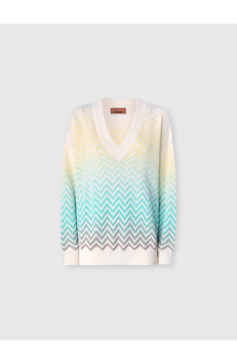 Missoni V-neck Pullover In Cotton And Viscose Chevron Dégradé, Alternate, color, Light Blue& Yellow