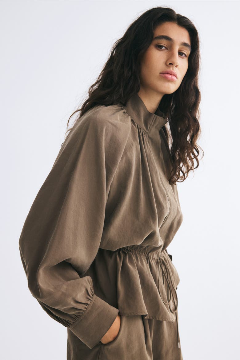 Balloon-sleeved Drawstring-detail Jacket, Alternate, color, Taupe