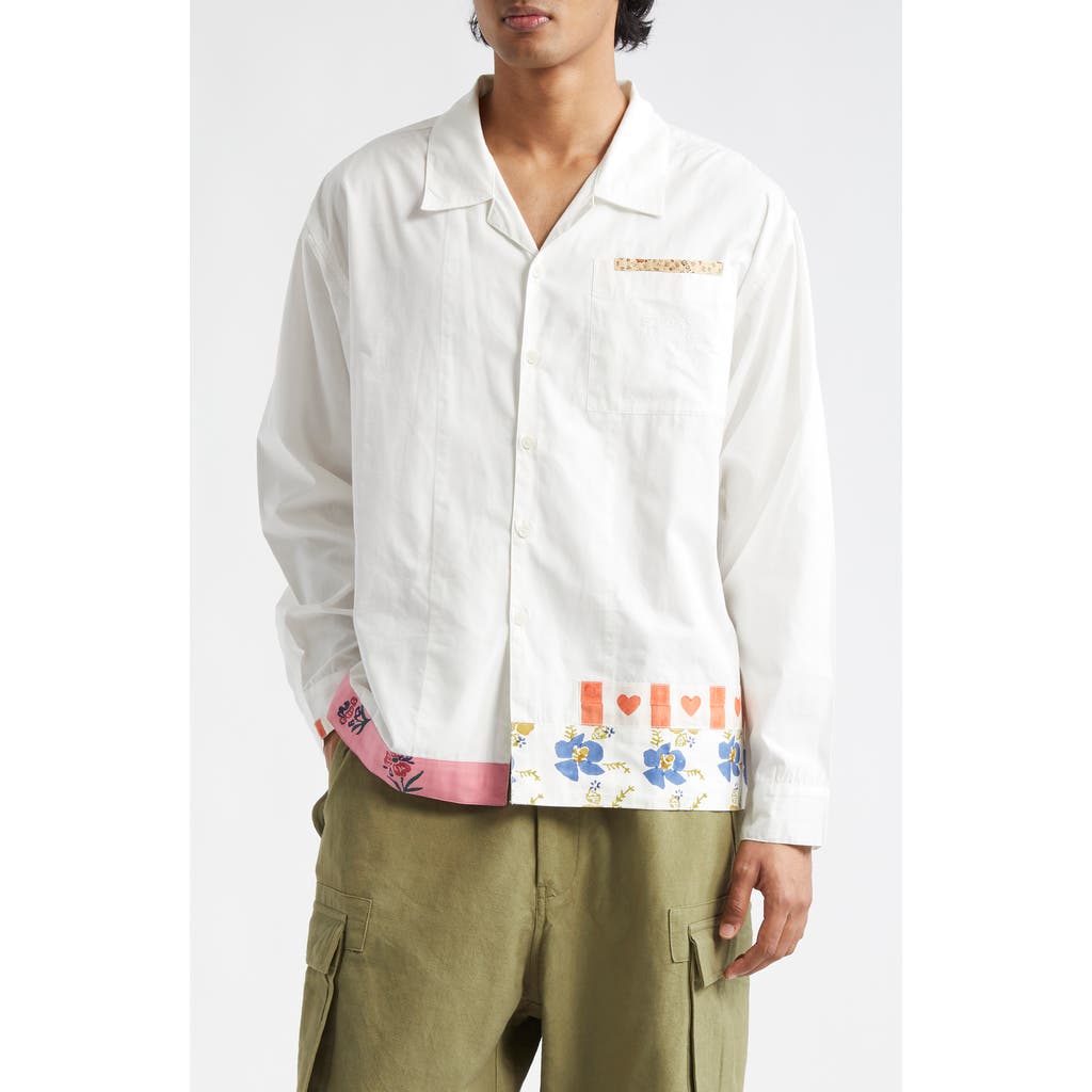 Story mfg. Greetings Embroidered Patchwork Organic Cotton Button-Up Shirt in Ecru Picnic