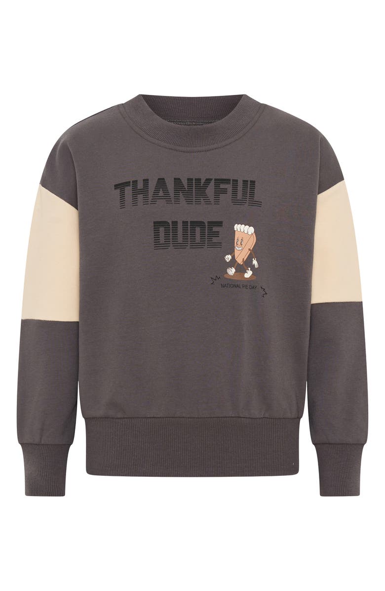 TINY TRIBE Kids' Thankful Dude Colorblock Cotton Graphic Sweatshirt, Main, color, Charcoal