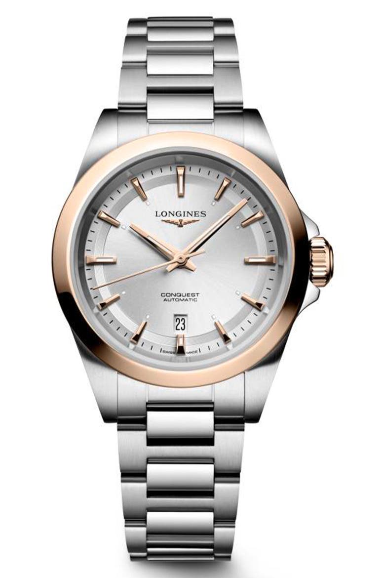 Conquest 18K Rose Gold Bezel Automatic Bracelet Watch, 30mm, Main, color, SILVER