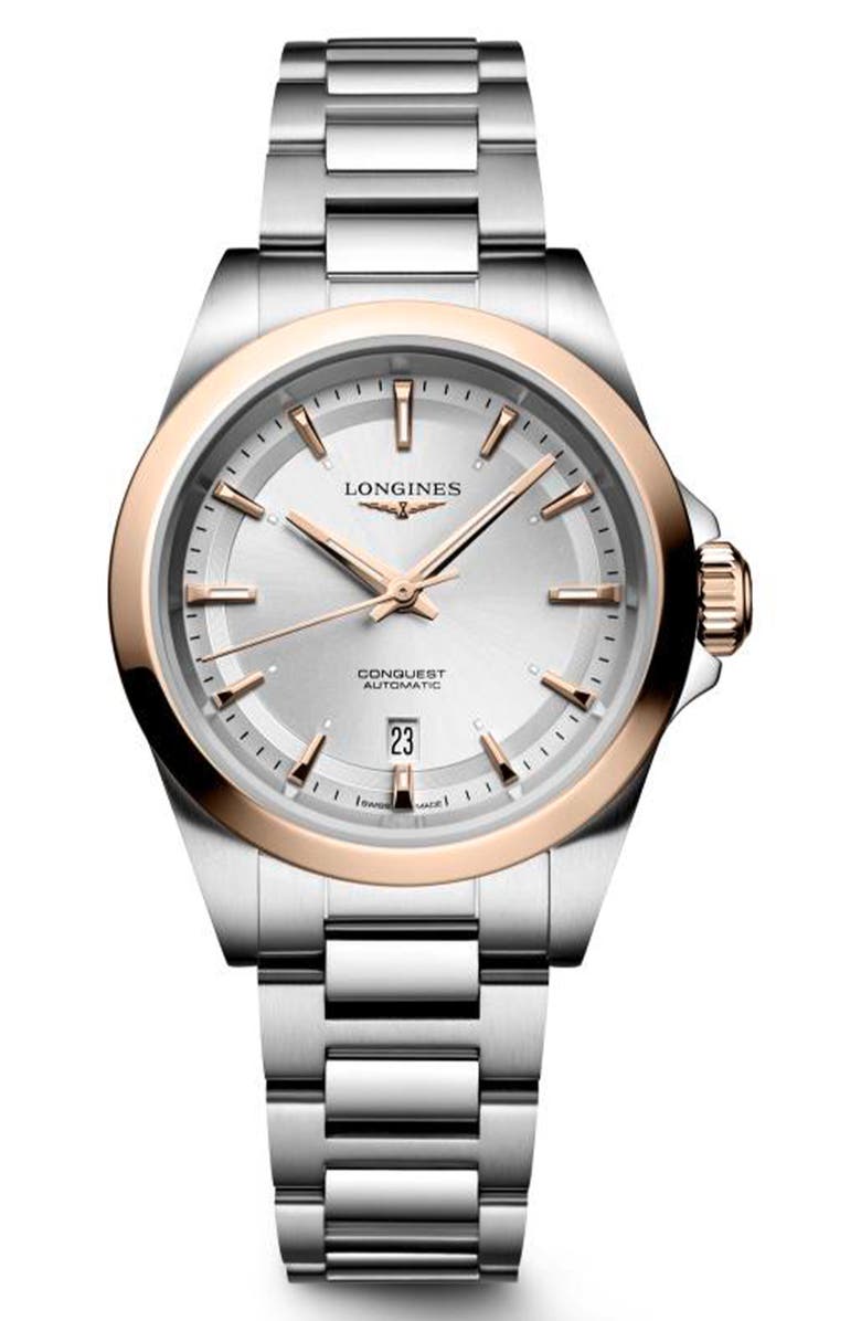 Longines Conquest 18K Rose Gold Bezel Automatic Bracelet Watch, 30mm, Main, color, Silver