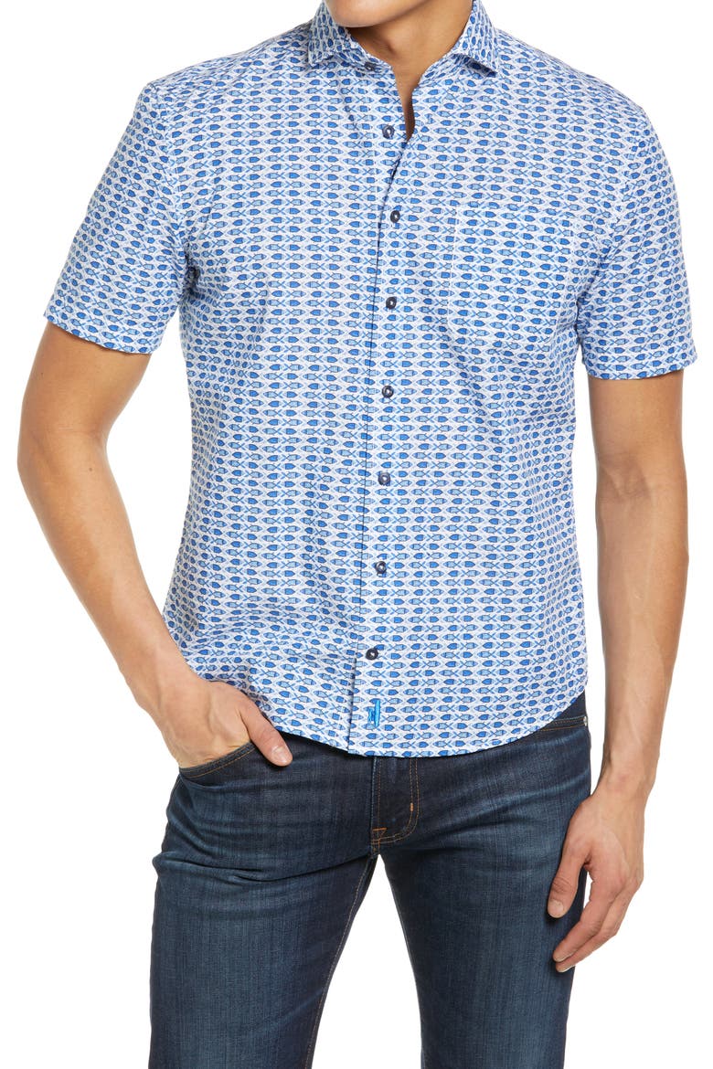 Hangin' Out Arie Fish Print Short Sleeve Button-Up Shirt, Main, color, LAGUNA BLUE