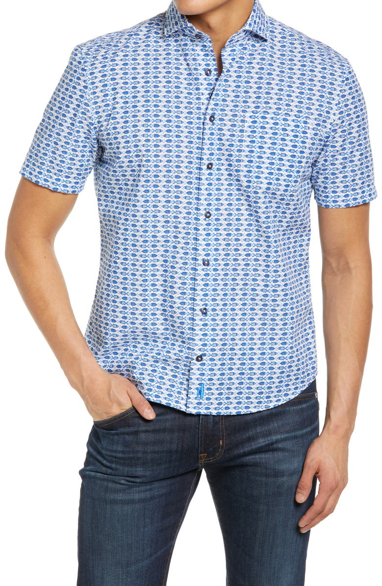 johnnie-O Hangin' Out Arie Fish Print Short Sleeve Button-Up Shirt, Main, color, 