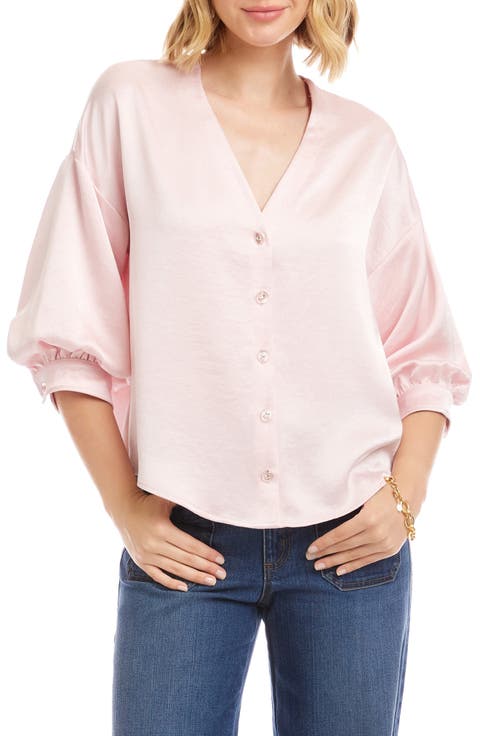 Satin Lantern Sleeve Button-Up Shirt (Regular & Petite)