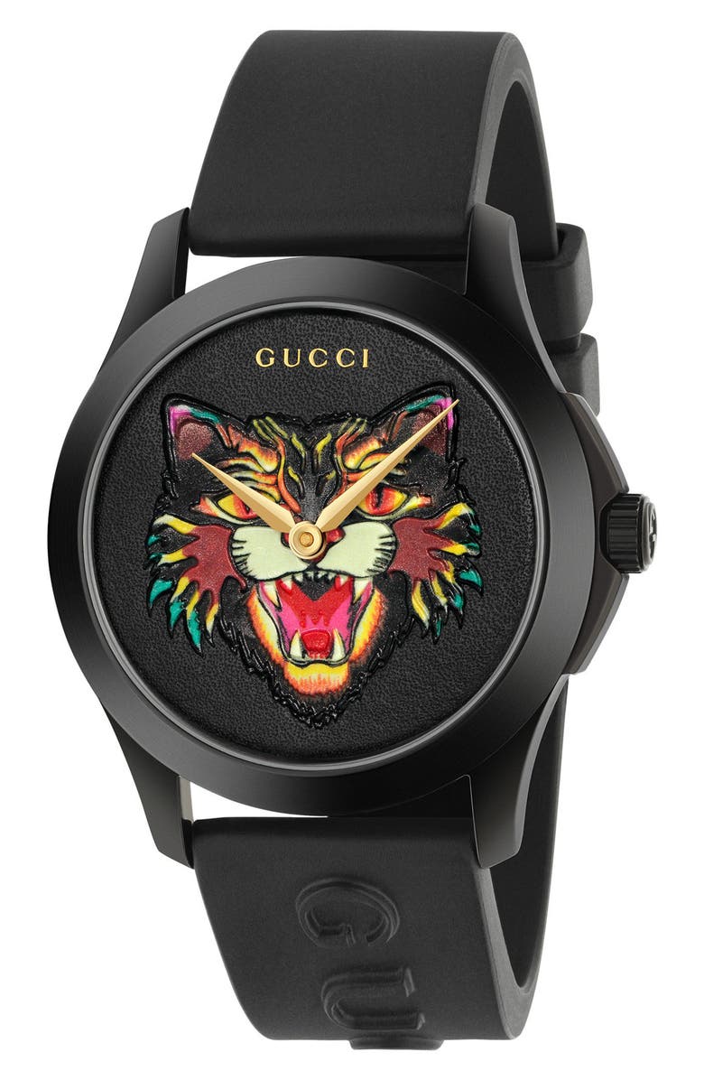 Gucci Angry Cat Rubber Strap Watch, 38mm, Main, color, 