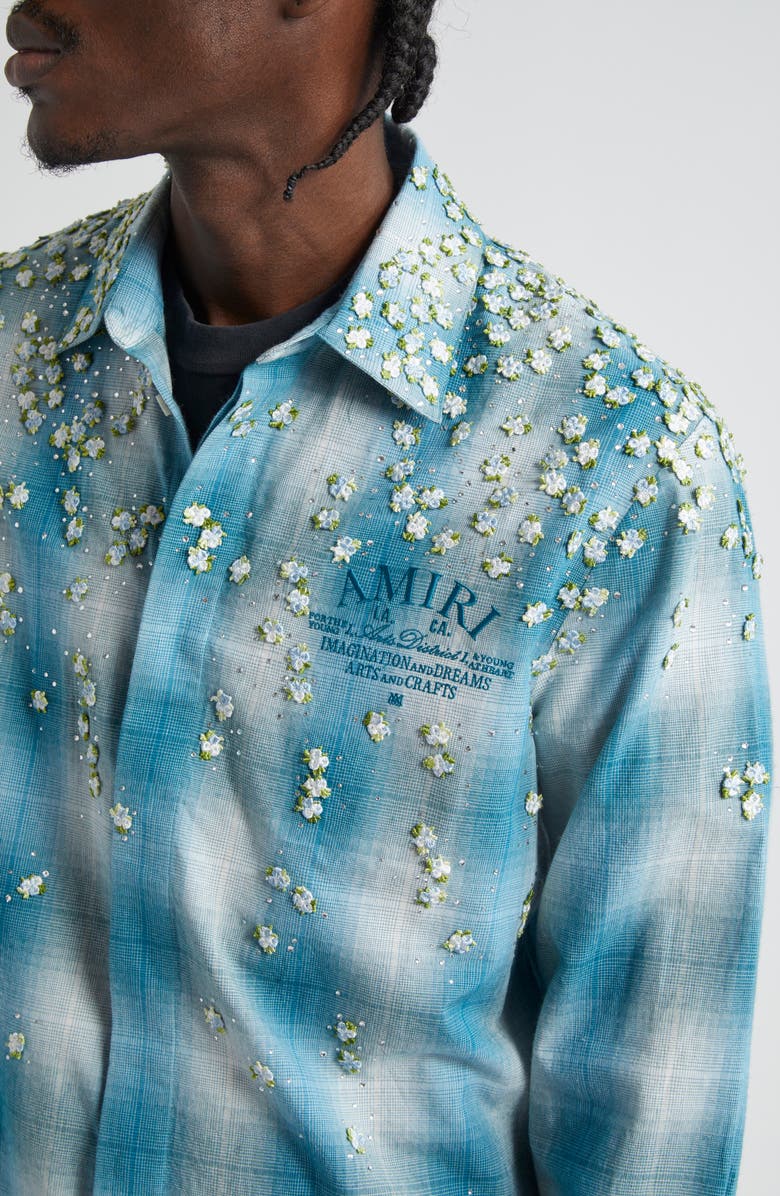 AMIRI Floral & Crystal Embellished Plaid Flannel Button-Up Shirt, Alternate, color, 