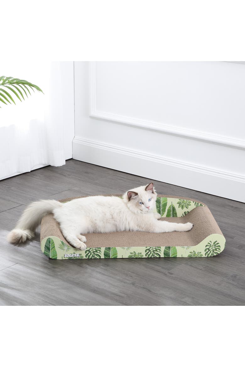 Montego Coastal Patterned Cardboard Lounge Bed Cat Scratcher with Catnip, Alternate, color, Mint/Green