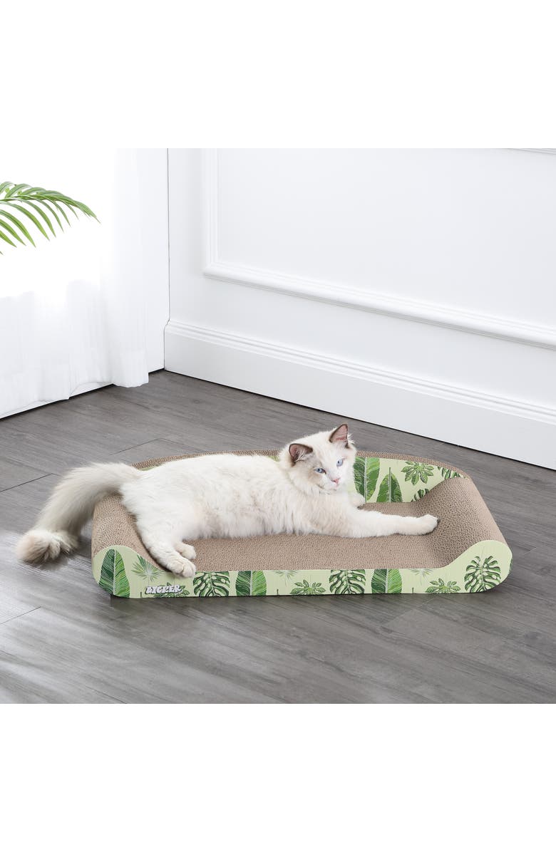 The Licker Store Montego 27.5" Coastal Patterned Cardboard Lounge Bed Cat Scratcher with Catnip, Alternate, color, Mint/Green