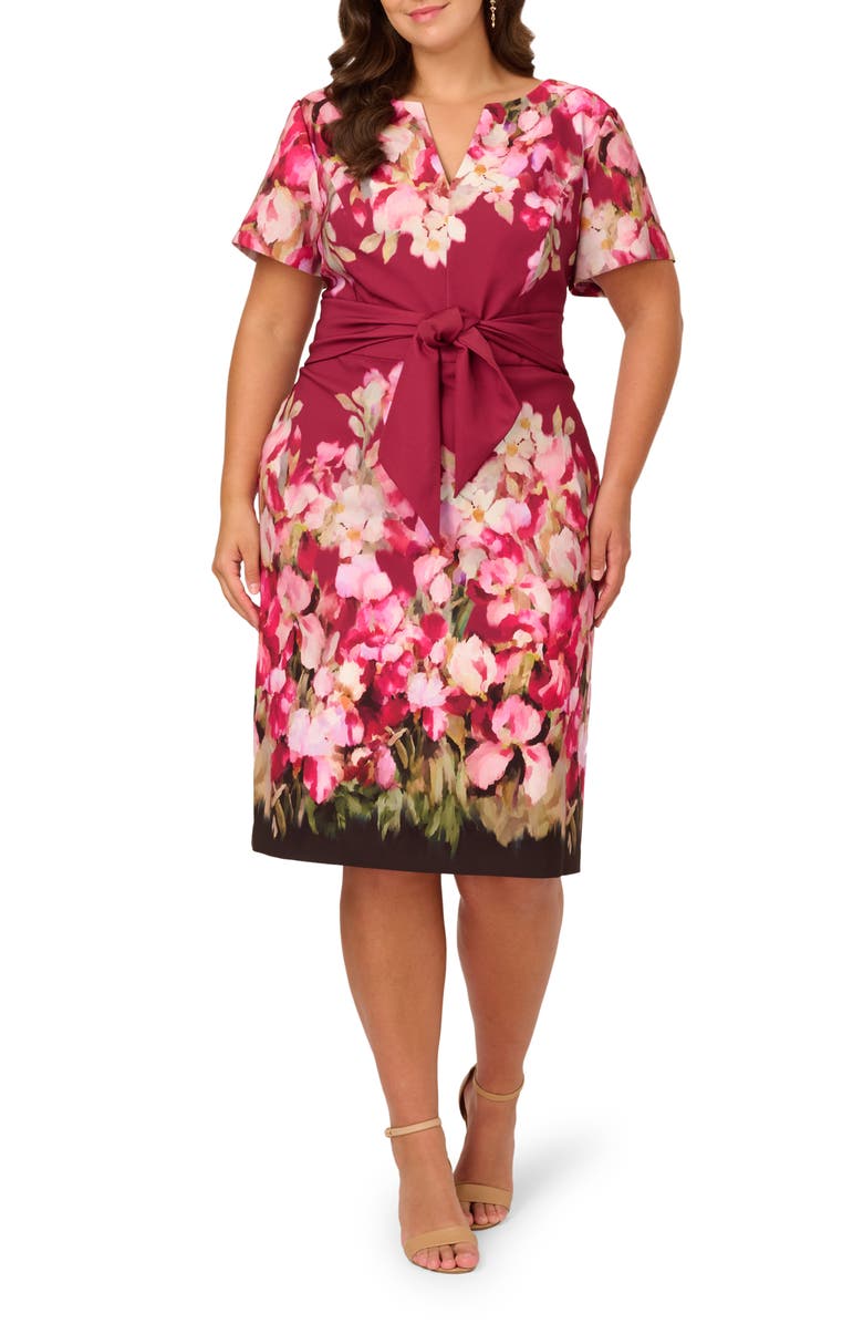 Adrianna Papell Floral Print Tie Front Stretch Twill Sheath Dress, Main, color, 
