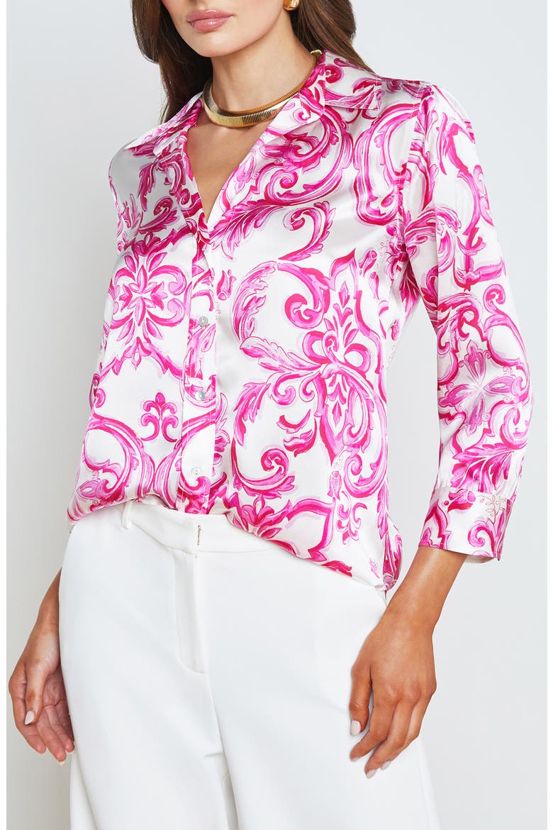 Dani Silk Button-Up Shirt, Main, color, WHITE/ PINK MEDITERRANEAN TILE