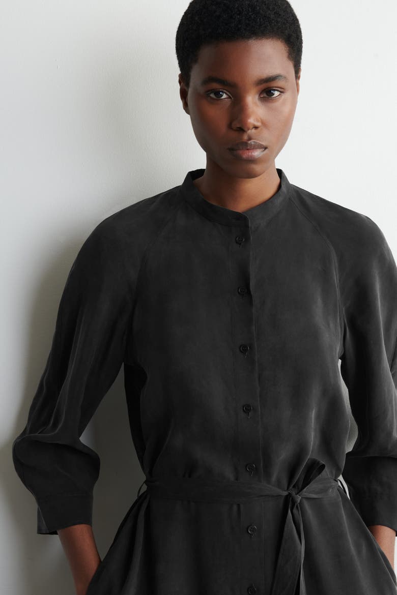 Belted Collarless Midi Shirt Dress, Alternate, color, BLACK