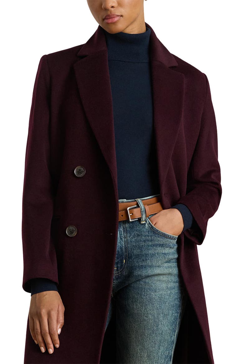 Double Breasted Wool Blend Reefer Coat, Alternate, color, PINOT NOIR