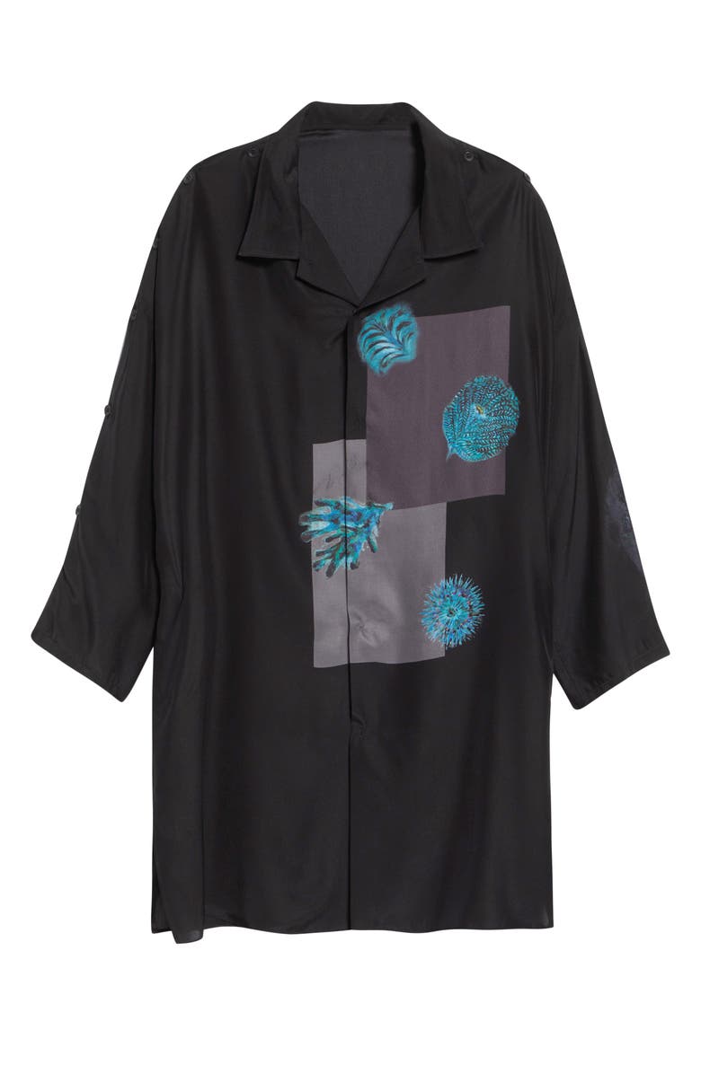 Yohji Yamamoto Button Shoulder Sea Creature Graphic Silk Button-Up Shirt, Alternate, color, Black