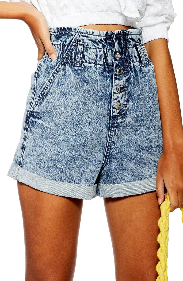 Topshop Acid Wash Paperbag Waist Denim Shorts, Alternate, color,