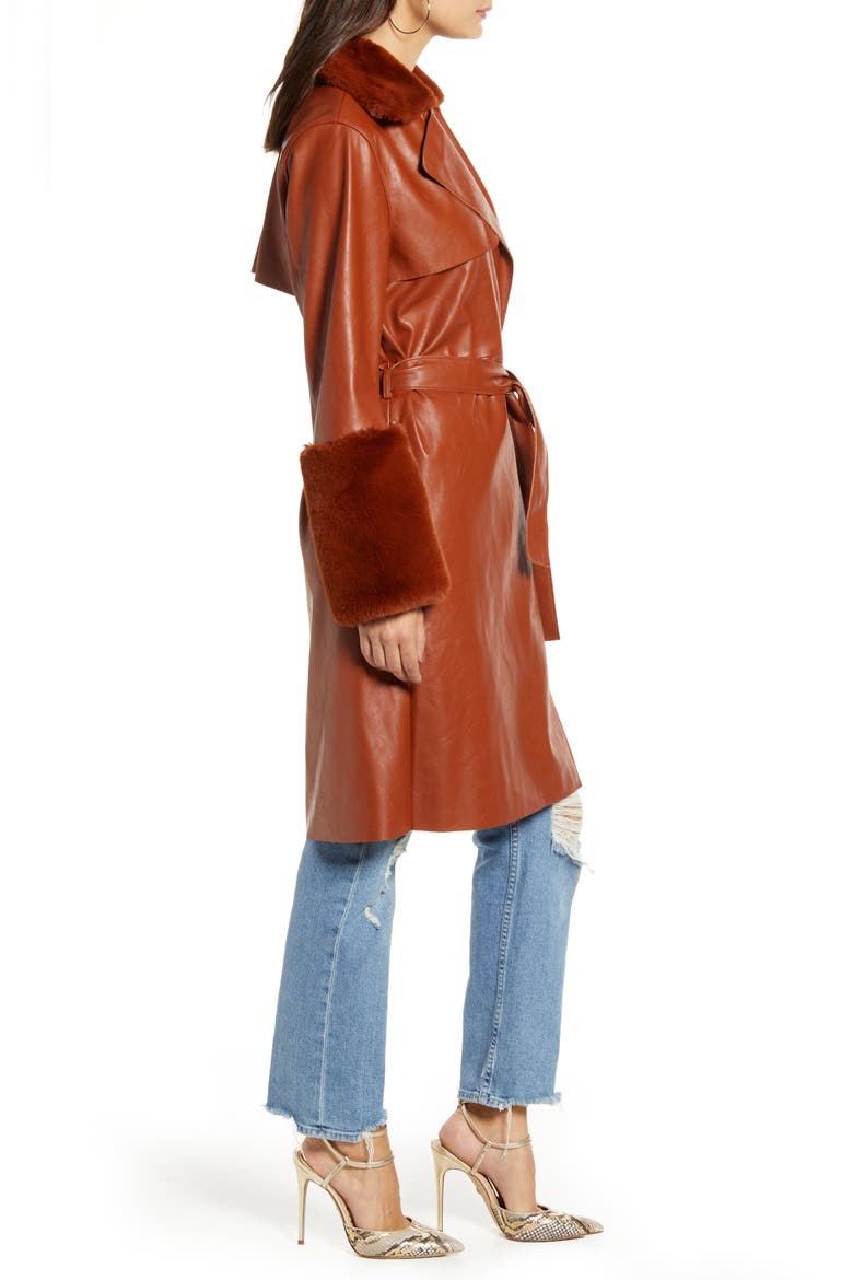 Faux Leather Coat with Faux Fur Trim, Alternate, color, RUST + RUST FAUX FUR