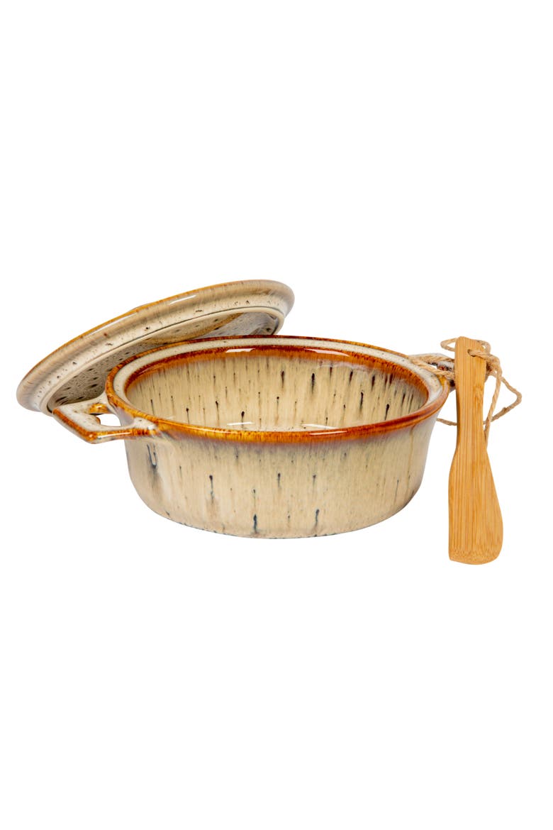9 Inches Stoneware Brie Baker with Wood Canapé Spreader Knife, Alternate, color, Brown