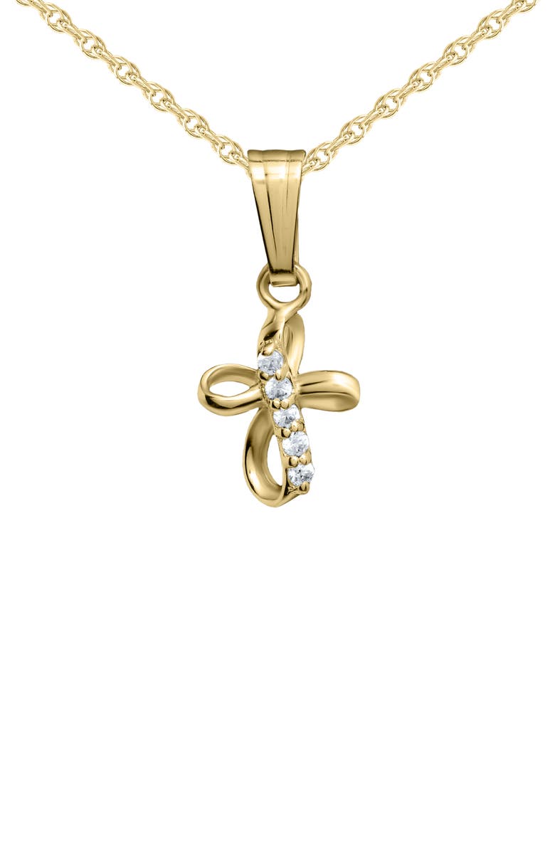 Mignonette 14K Gold & Cubic Zirconia Ribbon Cross Pendant Necklace, Main, color, Gold