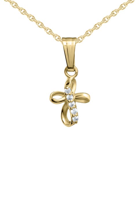 14K Gold & Cubic Zirconia Ribbon Cross Pendant Necklace (Baby)