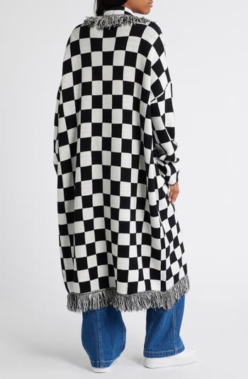 Checkerboard Fringe Detail Blanket Cardigan