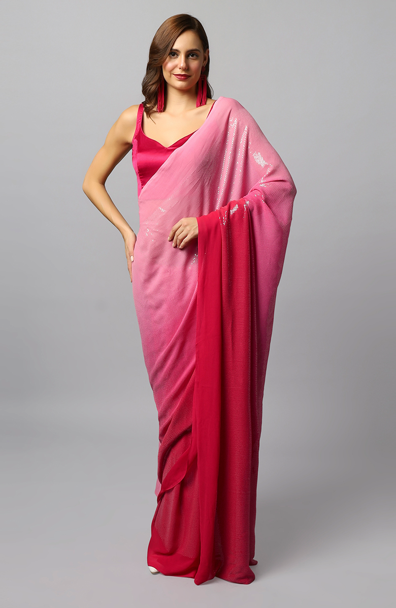One Minute Saree<sup>®</sup> Ashley Luxe Fuchsia Ombre Georgette Sequins Pre-Draped Ready to Wear Sari, Main, color,