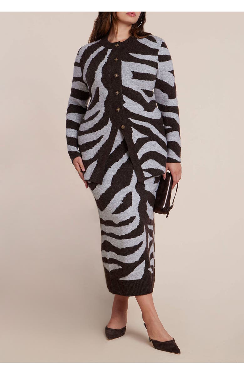 ELOQUII Intarsia Split Hem Cardigan, Alternate, color, Zebra Love Brown